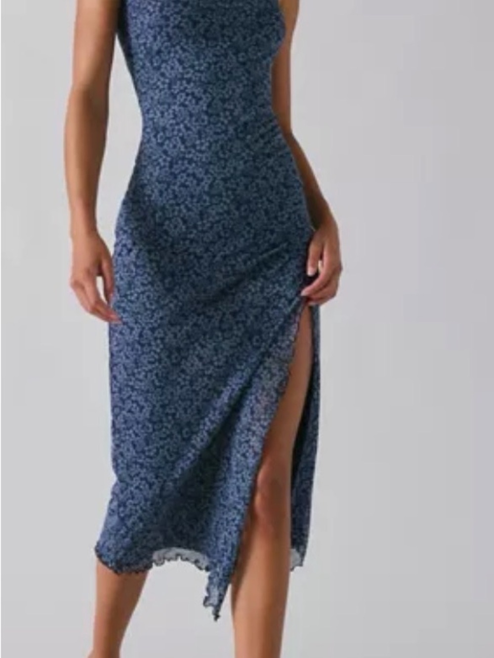 Urban Outfitters Navy Blue Floral Midi Slip Dress with Side Slit